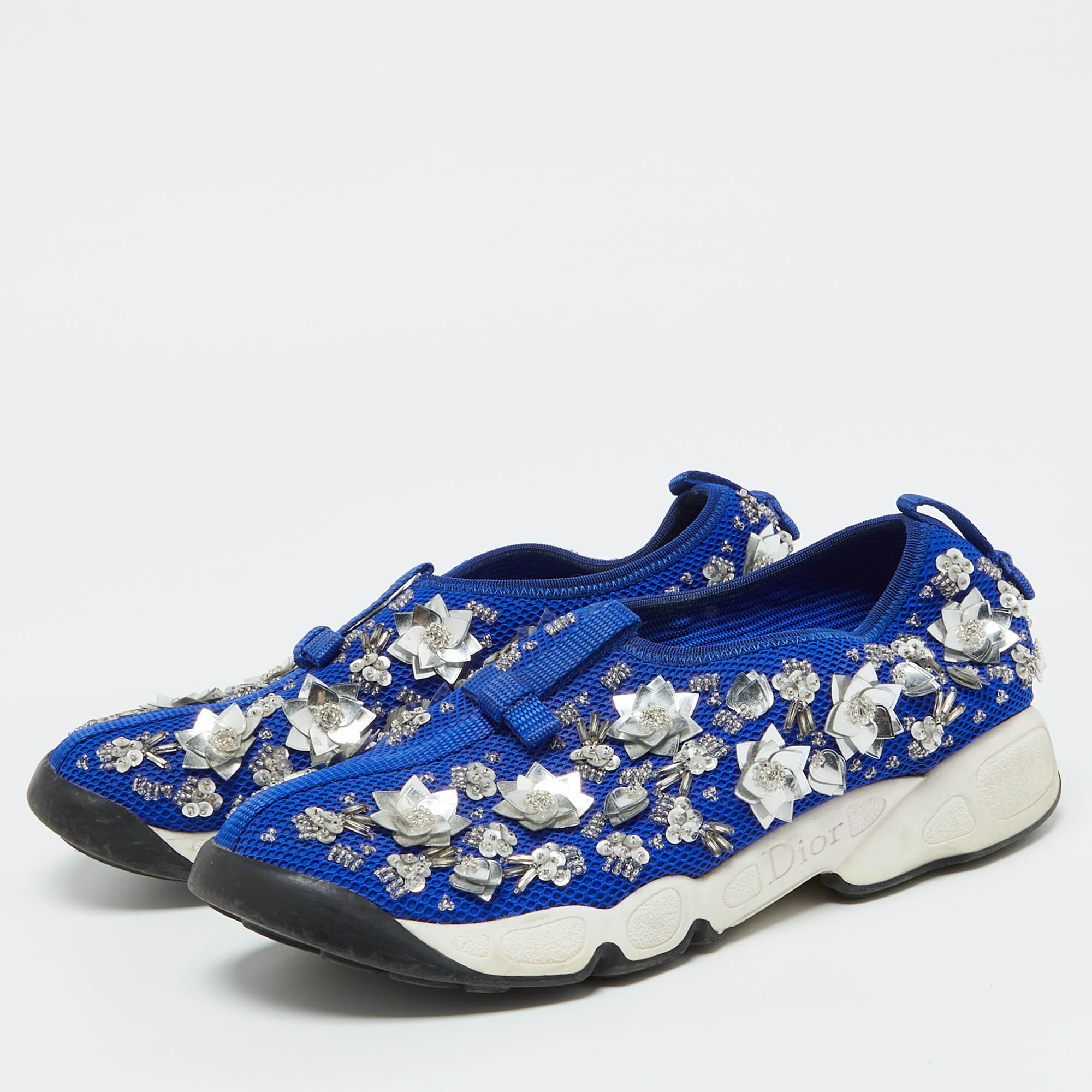 Dior Blue Mesh Embellished Fusion Slip On Sneakers Size 37.5