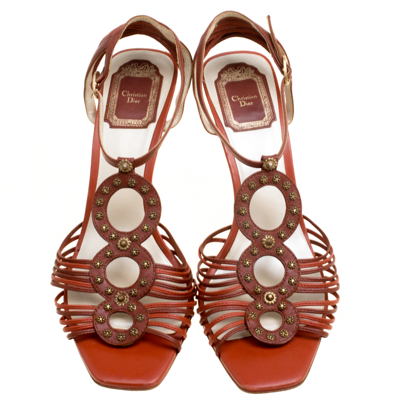 Dior Brown Leather Studded Ankle Strap Sandals Size 39
