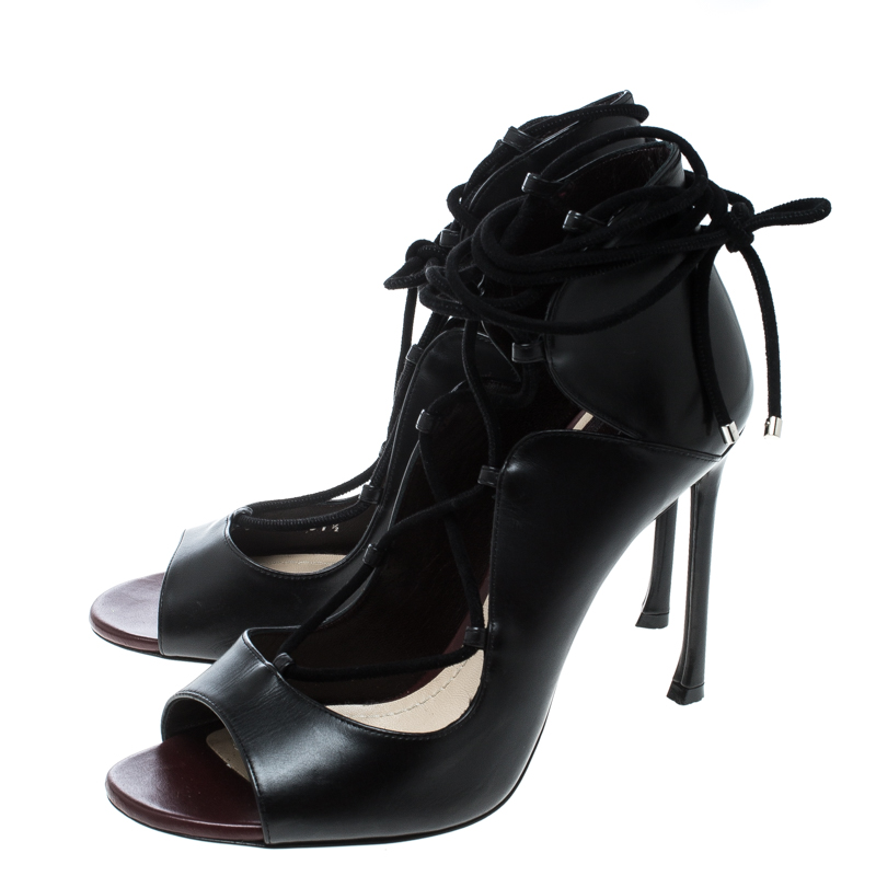 Dior Black Leather Petale Open Toe Lace Up Pumps Size 37.5