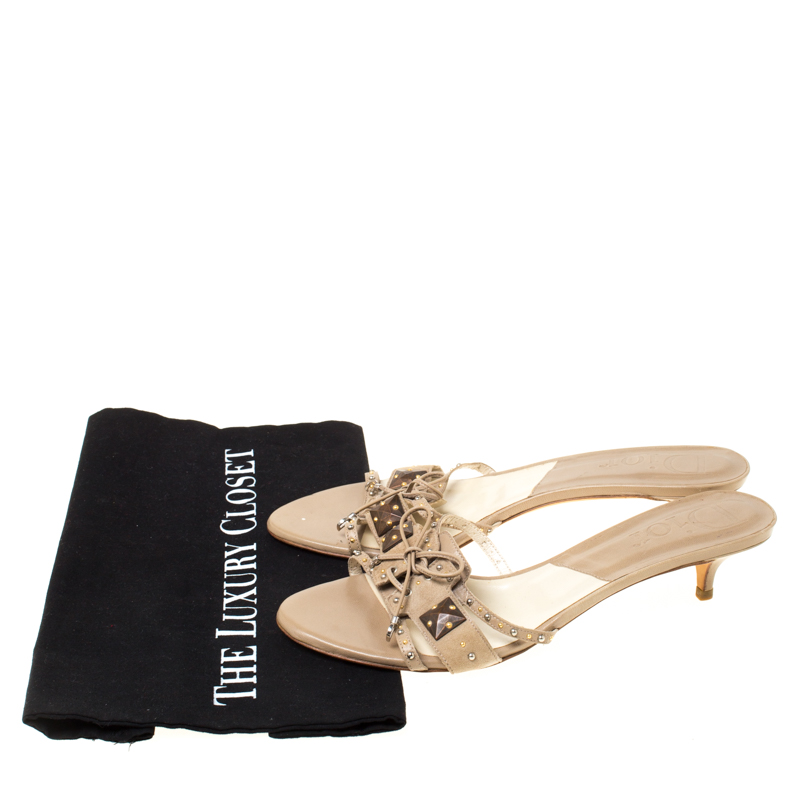 Dior Beige Studded Suede Bow Detail Open Toe Slides Size 40