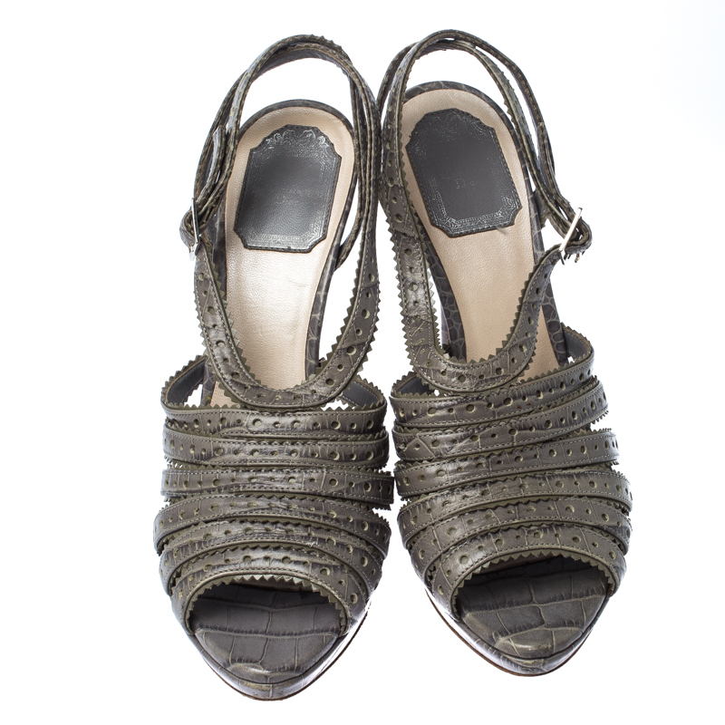 Dior Grey Crocodile Bonnie Strappy Peep Toe Platform Sandals Size 38.5