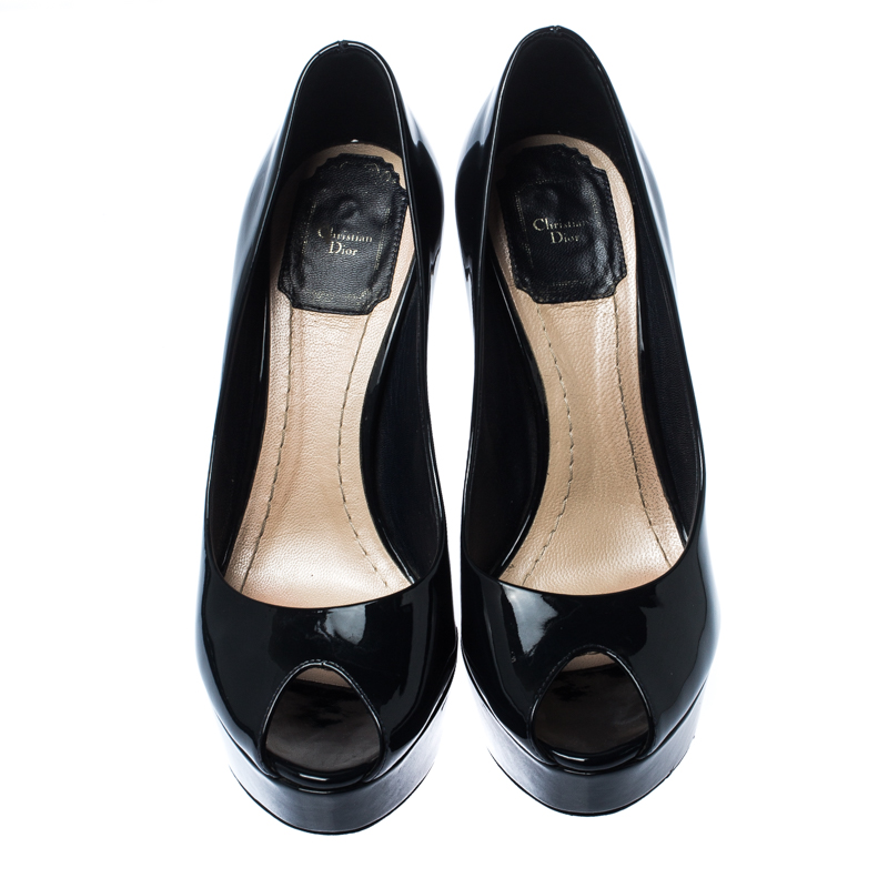 Dior Black Patent Leather Cannage Heel Peep Toe Pumps Size 36