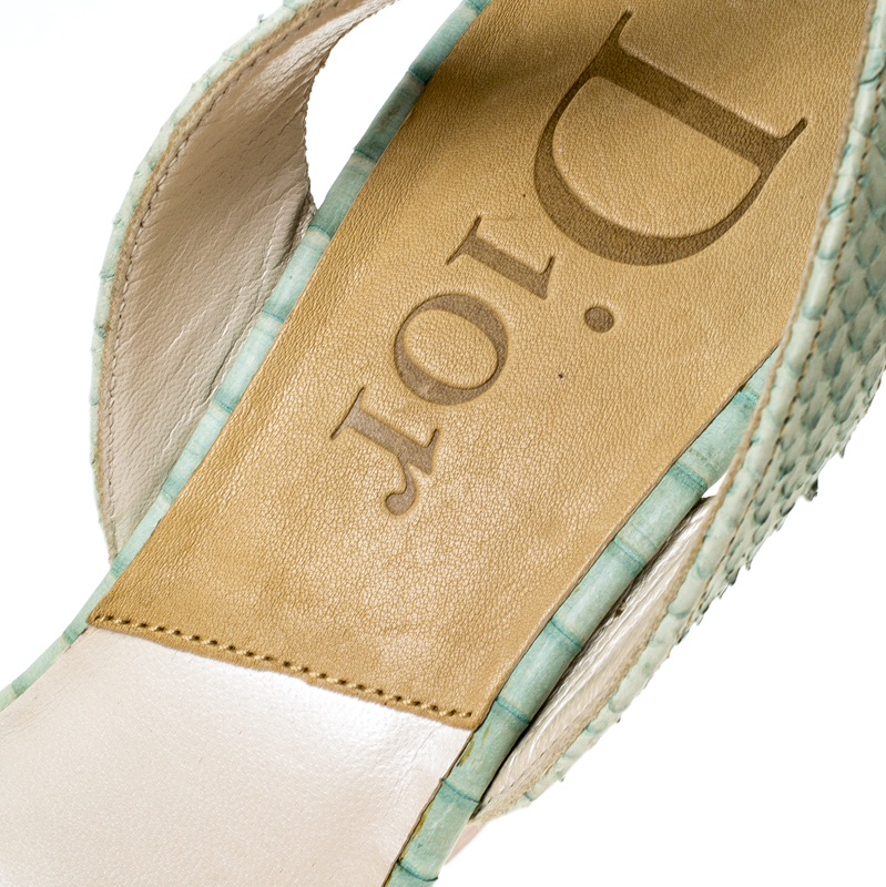 Christian Dior Green Python Slingback Wedge Platform Sandals Size 38