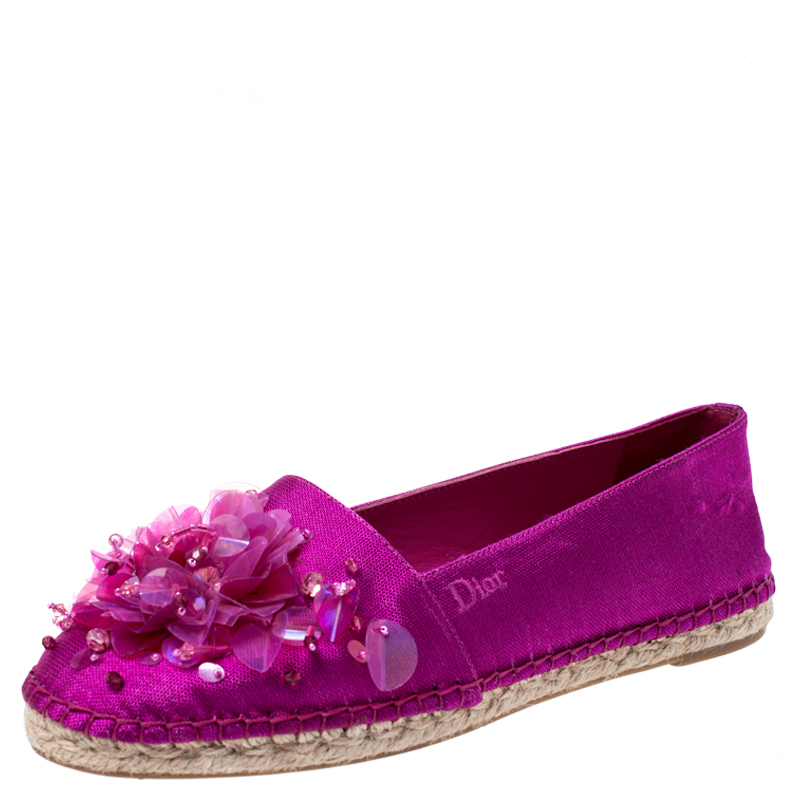 Image of Dior Pink Canvas Embellished Espadrilles Loafers Size