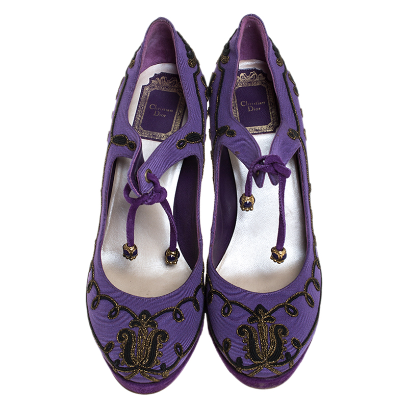 Dior Purple Embroidered Canvas Tie Platform Pumps Size 39