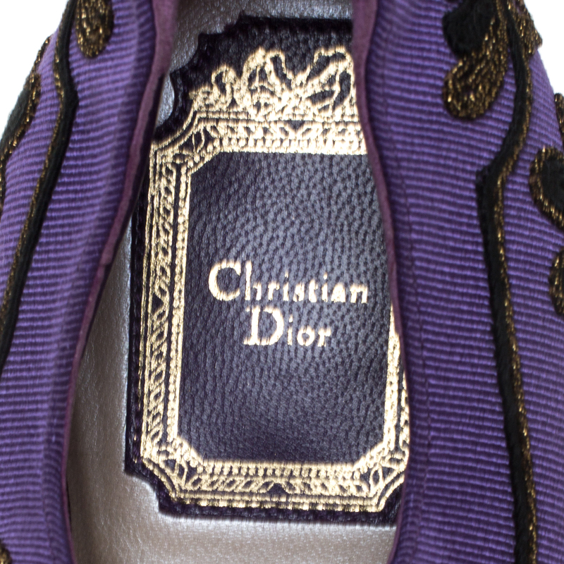 Dior Purple Embroidered Canvas Tie Platform Pumps Size 39