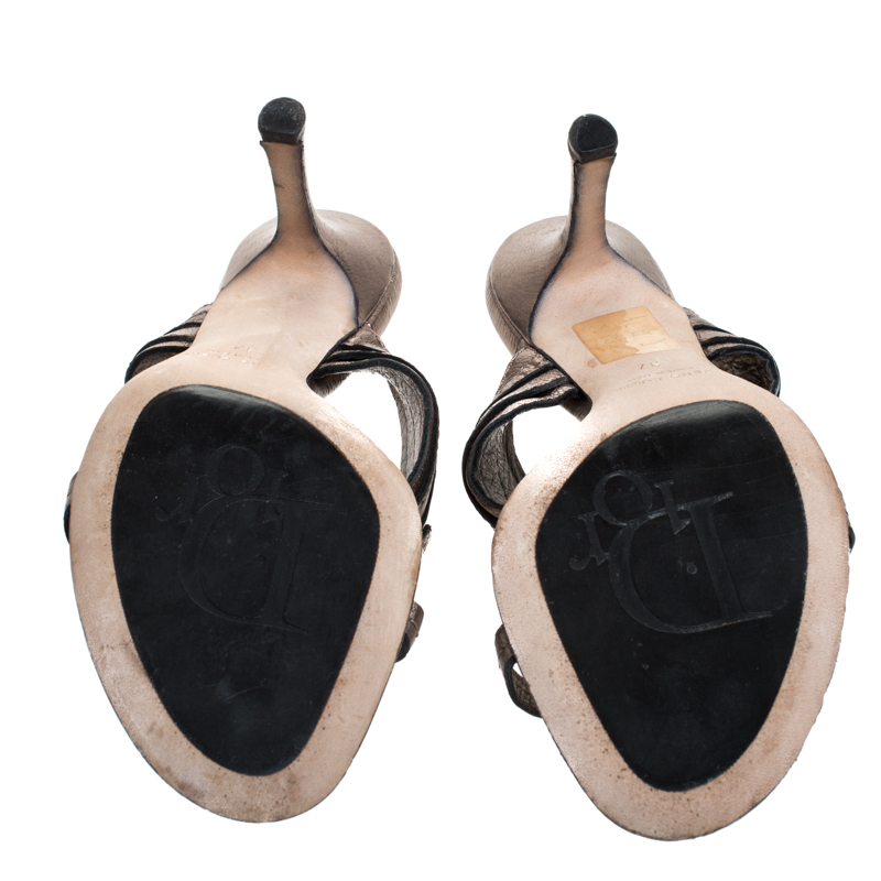 Dior Metallic Leather T Strap Slide Sandals Size 37