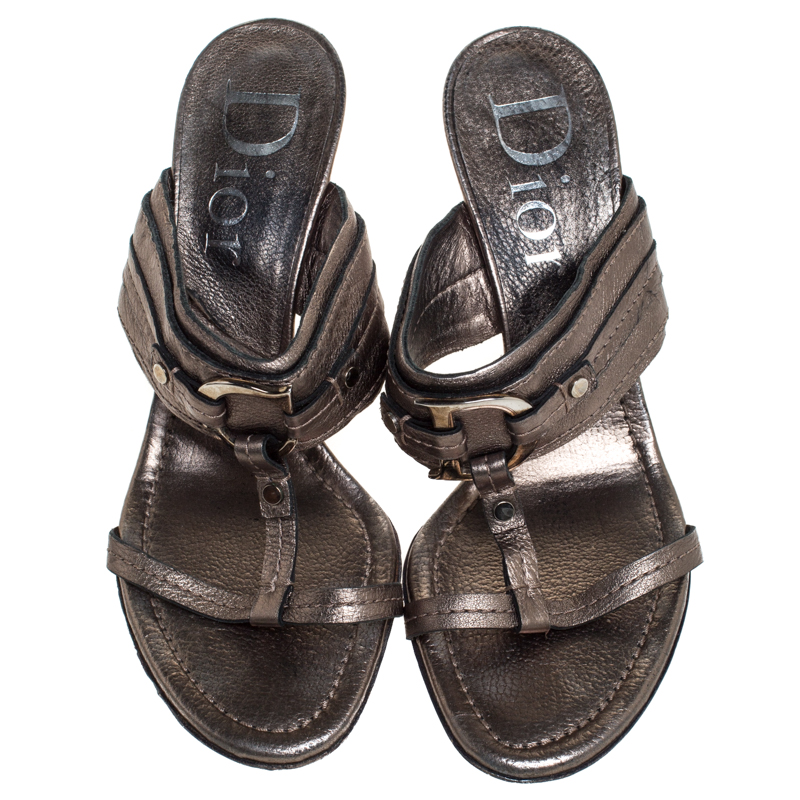 Dior Metallic Leather T Strap Slide Sandals Size 37