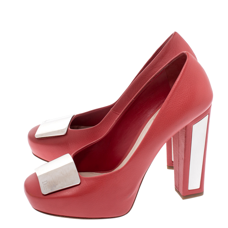 Dior Red Leather Metal Plate Block Heel Pumps Size 38