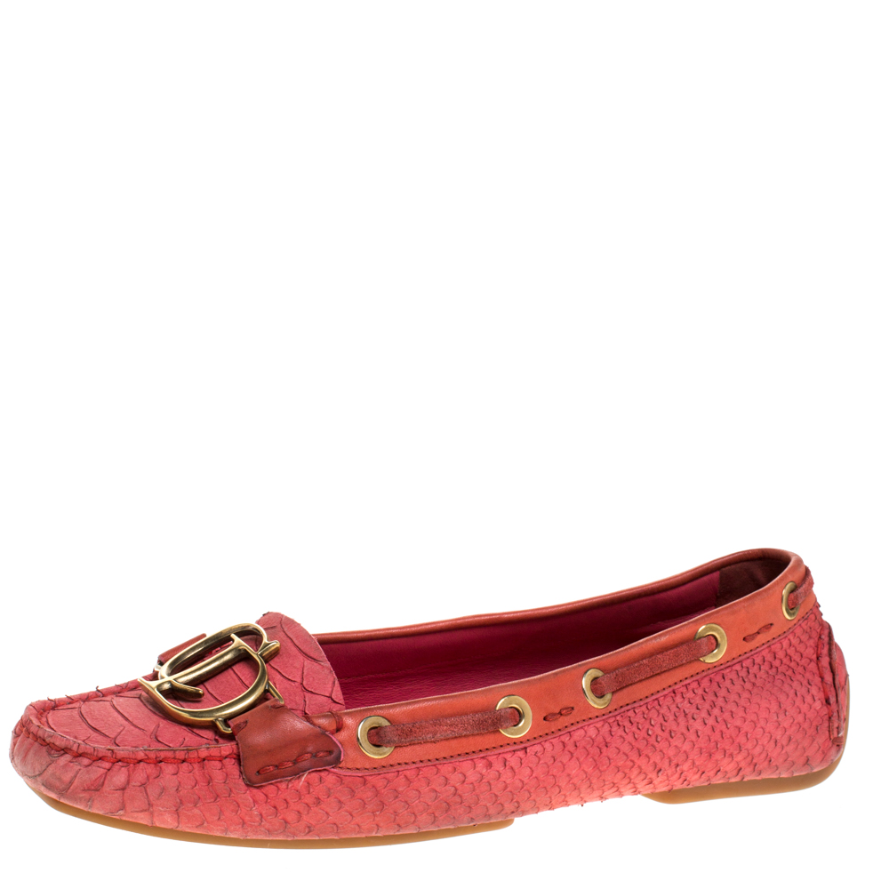 Dior Pink Python Leather CD Logo Loafers Size 38
