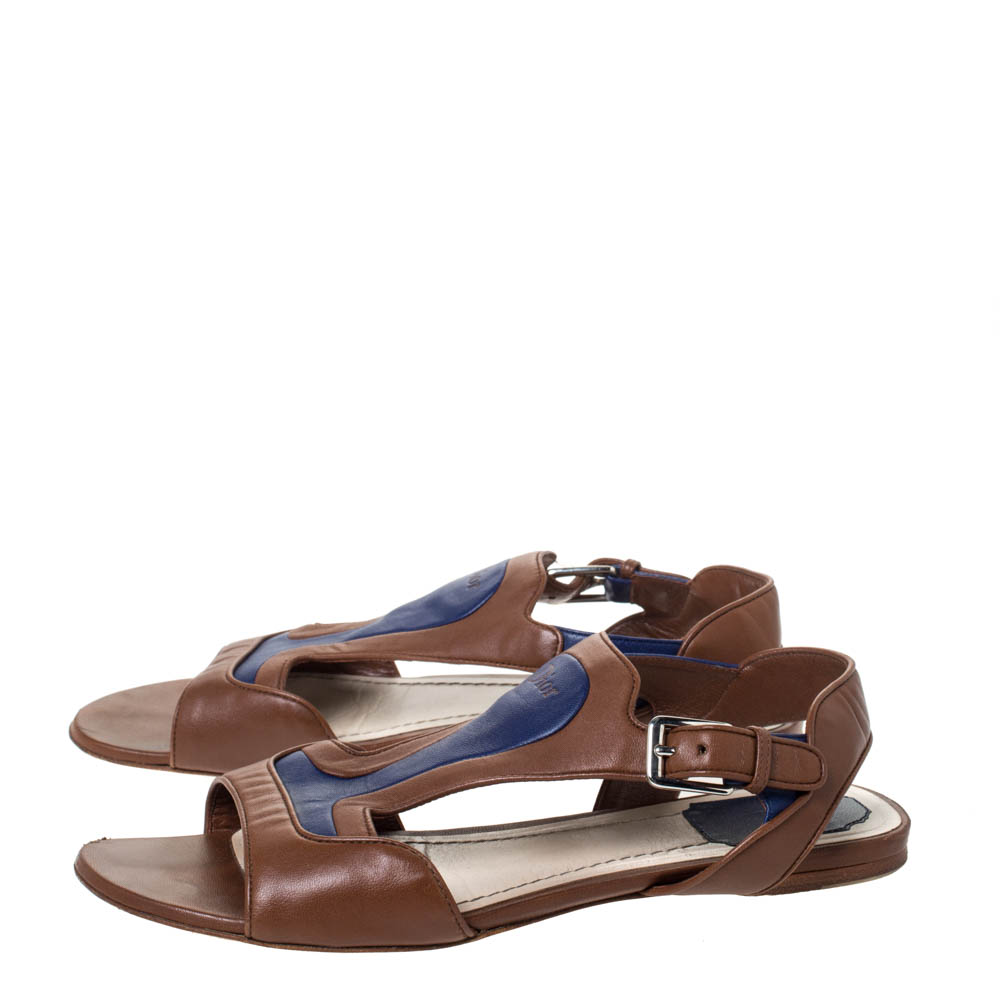 Dior Brown/Blue Leather Open Toe Ankle Strap Flat Sandals Size 38.5