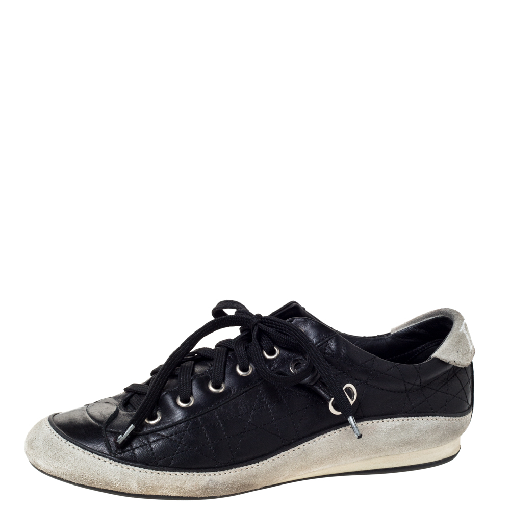Dior Black/Offwhite Leather and Suede Cannage Lace Up Sneakers Size 39.5