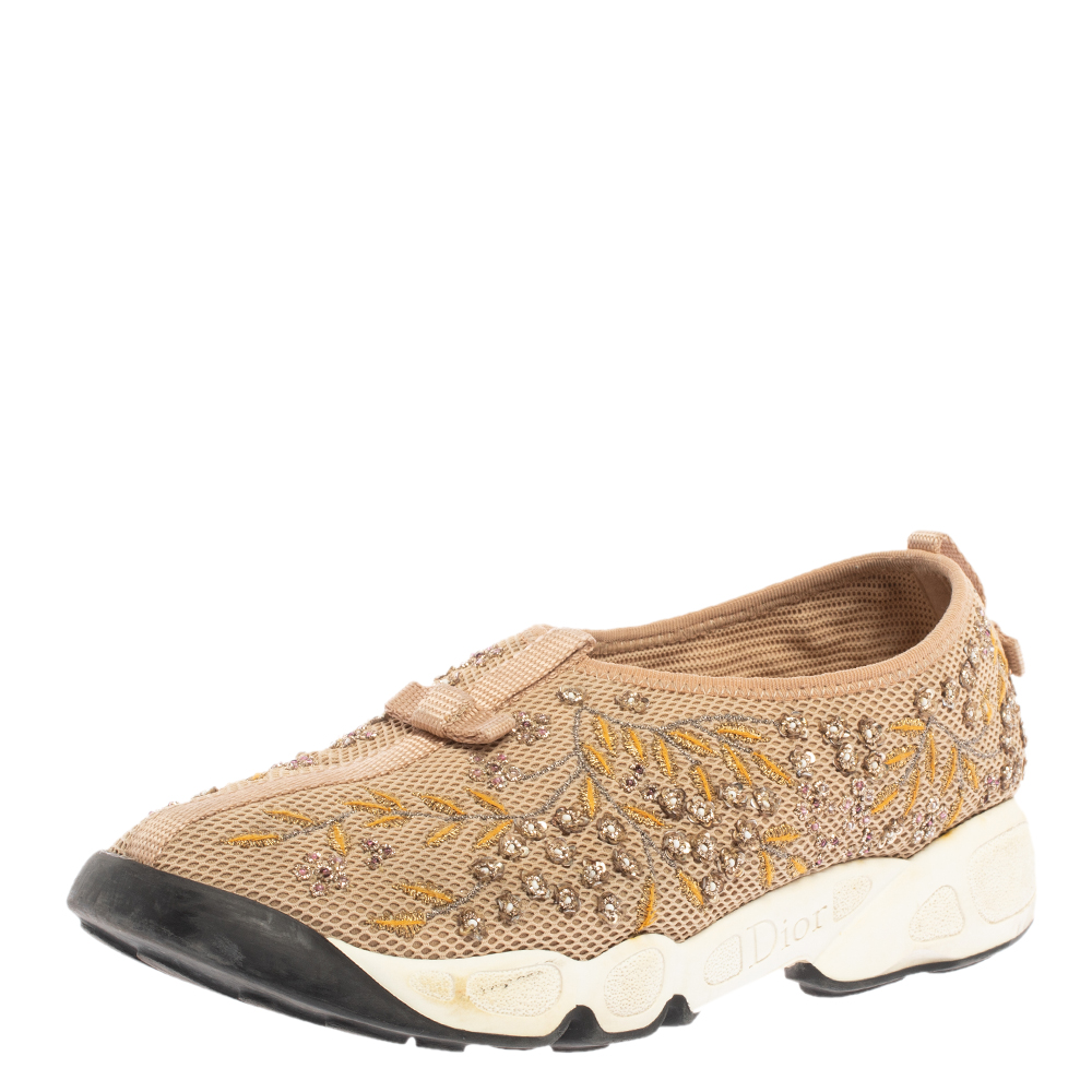 Image of Dior Beige Mesh Fusion Floral Embellished And Embroidered Slip On Sneakers Size .