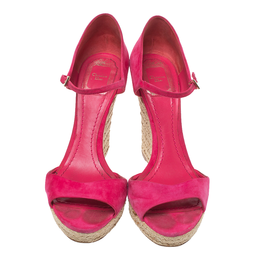 Dior Pink Suede Optique Wedge Ankle Strap Sandals Size 39.5