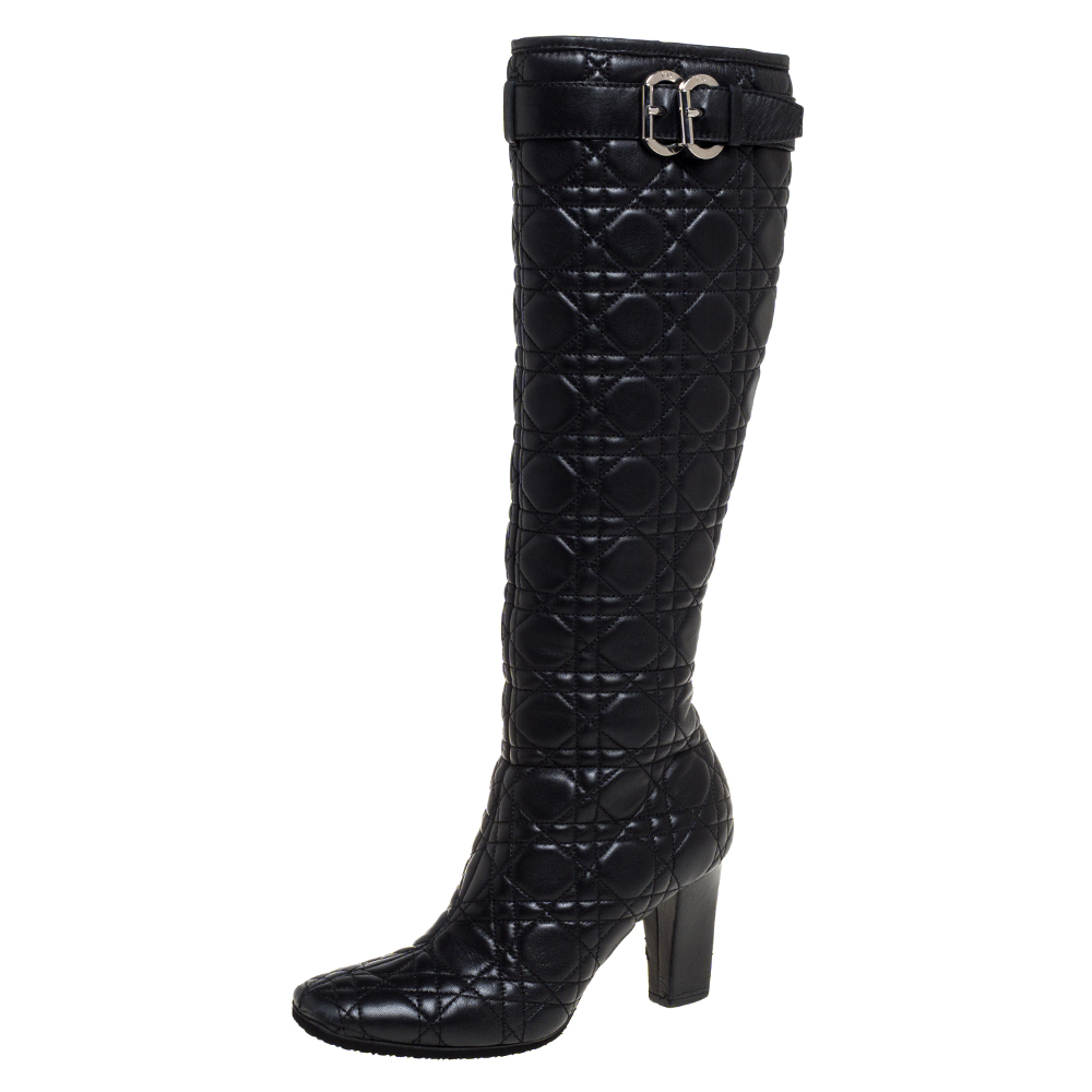 Image of Dior Black Cannage Quilted Leather Buckle Detail Knee High Boots Size