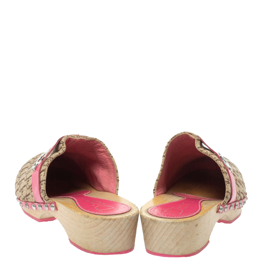 Dior Pink/White Diorissimo Canvas And Leather Trim Clog Mules Size 34