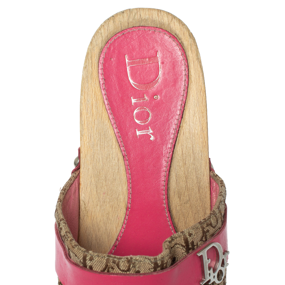 Dior Pink/White Diorissimo Canvas And Leather Trim Clog Mules Size 34