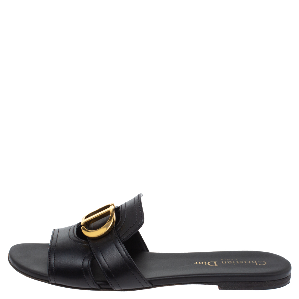 

Dior Black Leather 30 MONTAIGNE Flat Slide Sandals Size