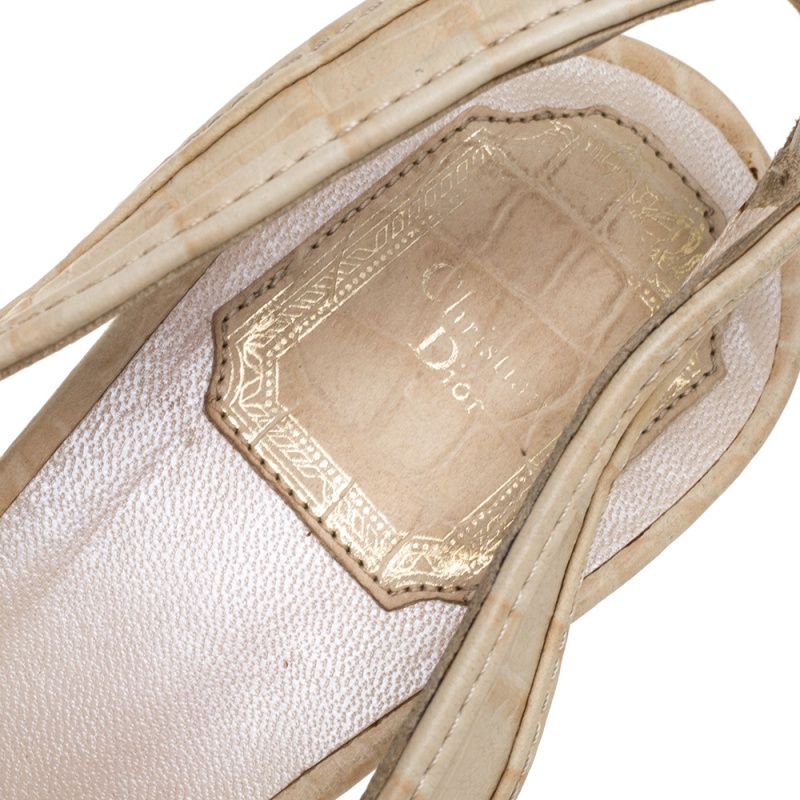 Dior Beige Croc Embossed Leather Platform Slingback Sandals Size 39.5