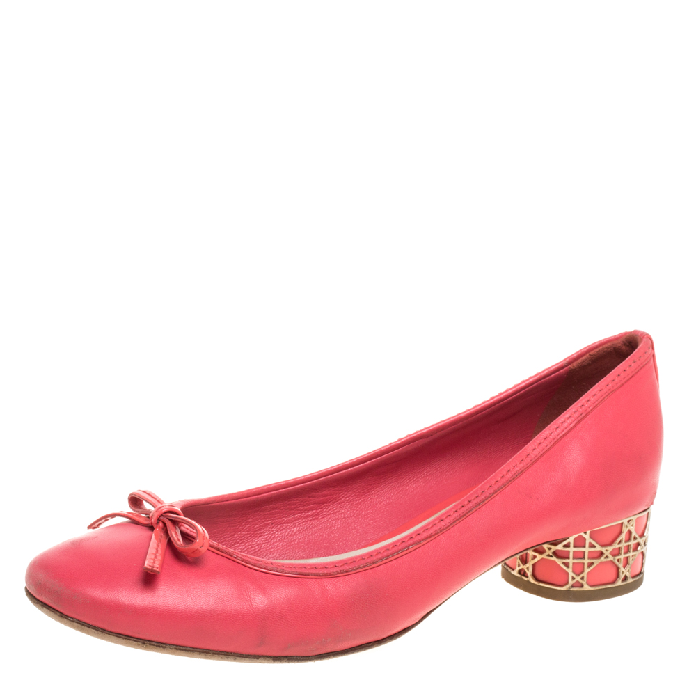 Image of Dior Pink Leather Bow Round Toe Ballet Pumps Size