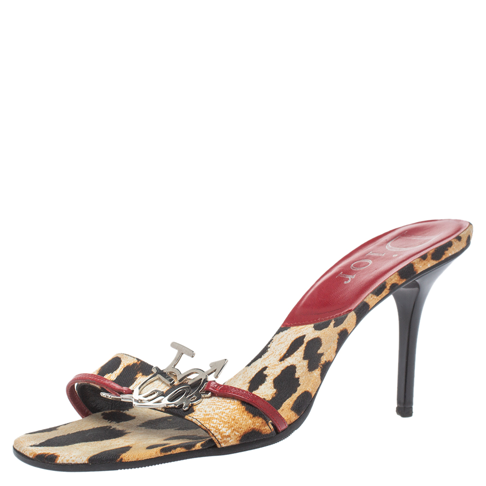 Image of Dior Black/Brown Leopard Print Canvas I love Dior Diva Open Toe Slide Sandals Size .