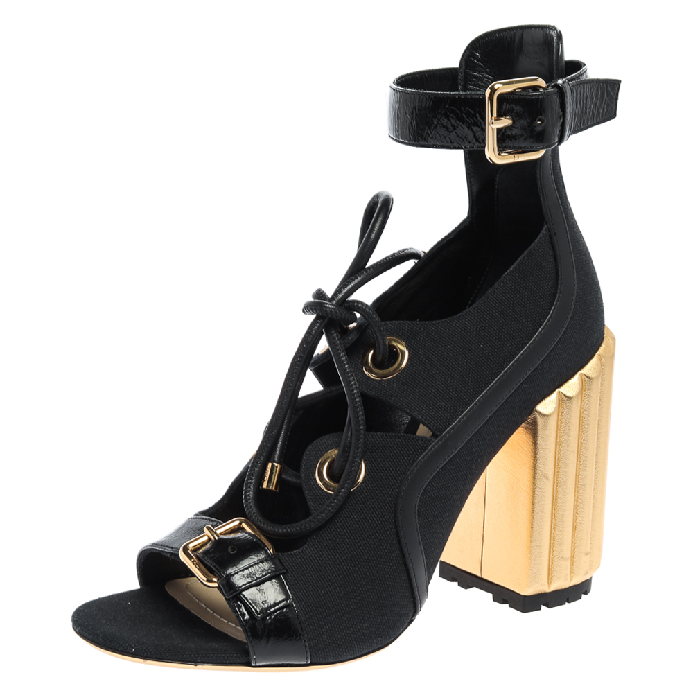Image of Dior Black Canvas And Leather Trim Glorious Ankle Strap Block Heel Sandals Size