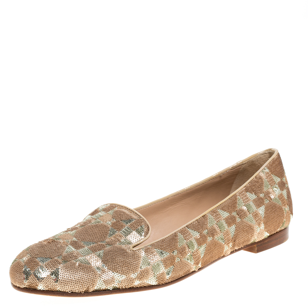 Image of Dior Beige/Gold Sequin Smoking Slippers Size .