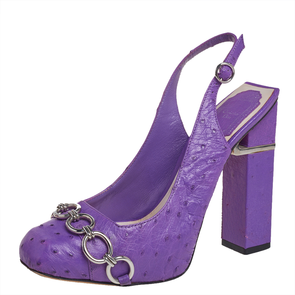 Dior Purple Ostrich Leather Chain Link Platform Slingback Sandals Size 37