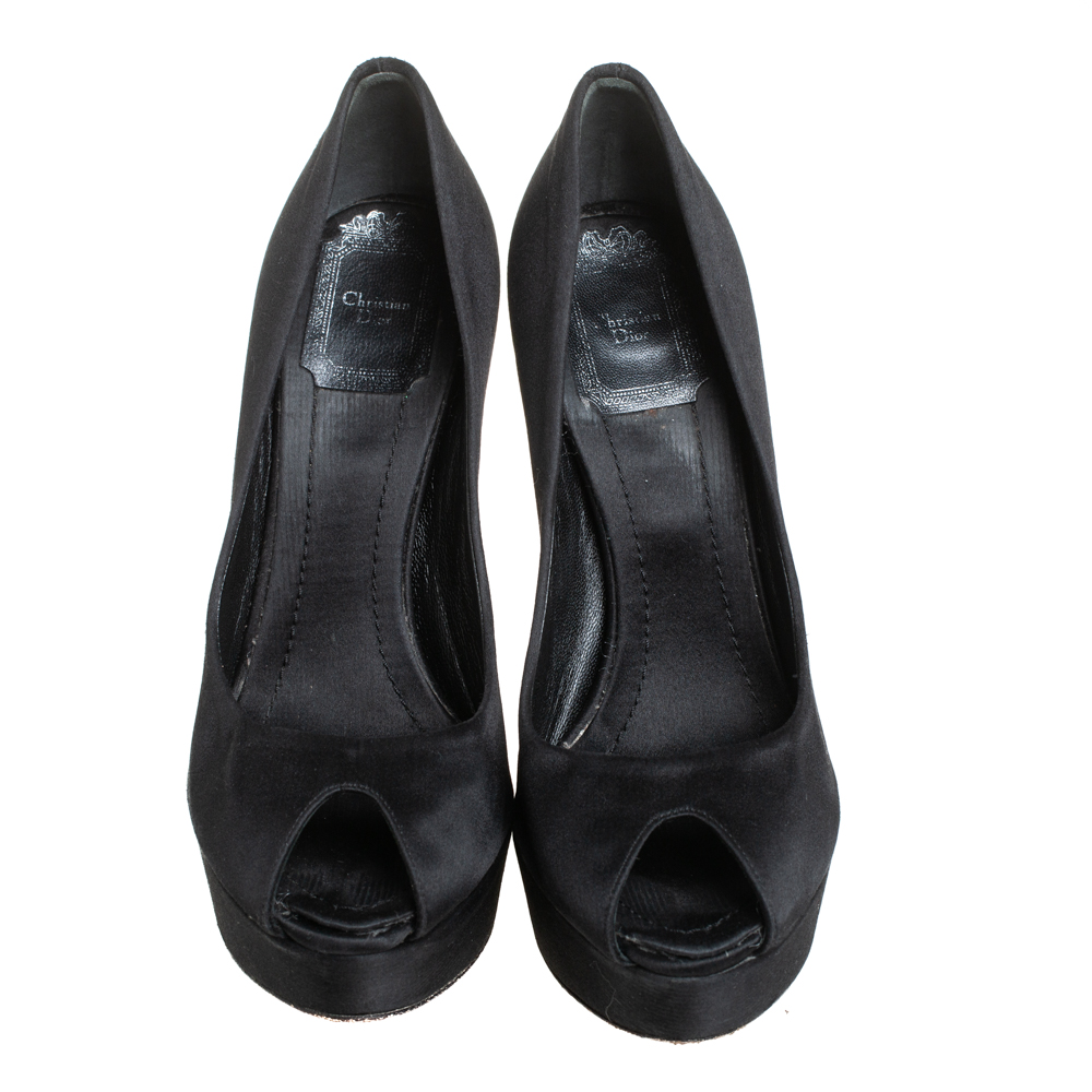 Dior Black Satin Cannage Heel Peep Toe Platform Pumps Size 36