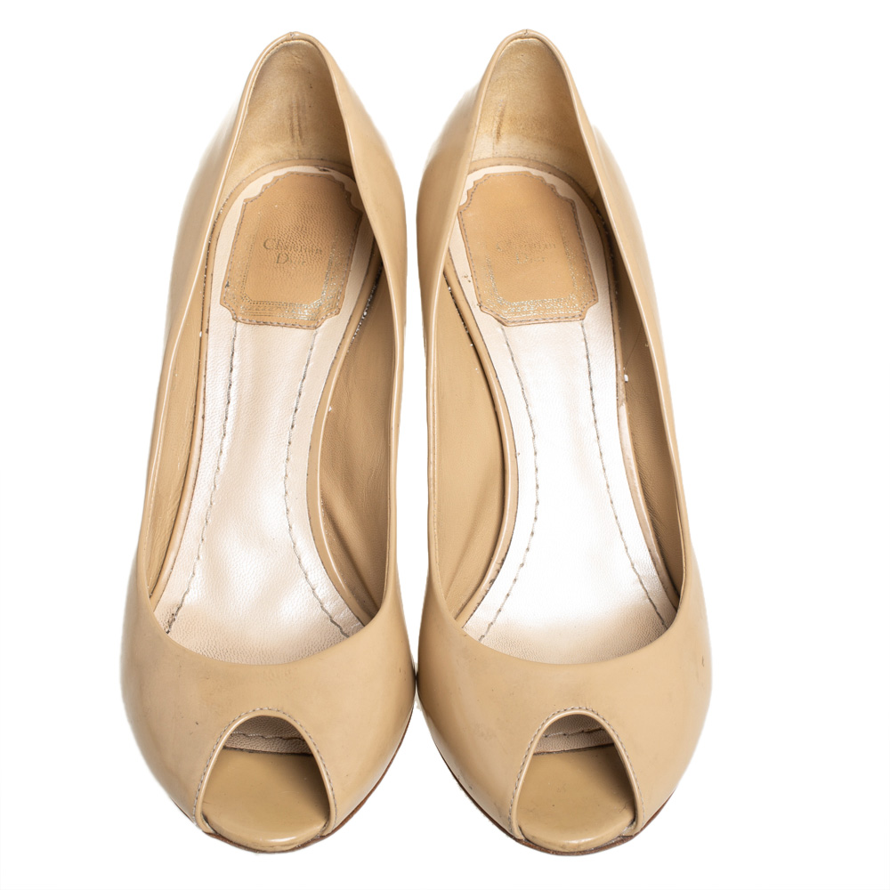 Dior Beige Patent Leather Peep Toe Cannage Heel Pumps Size 36.5