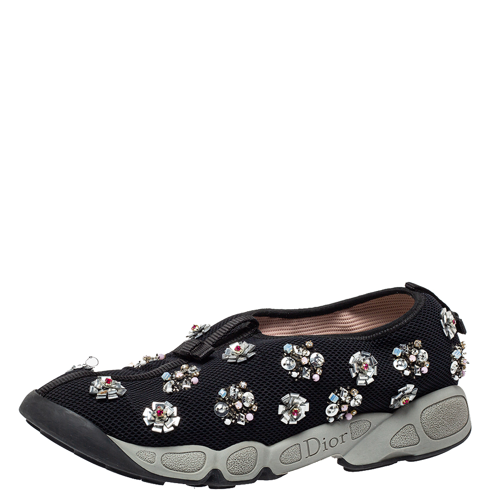 Dior Black Mesh Fusion Floral Embellished Slip On Sneakers Size 40
