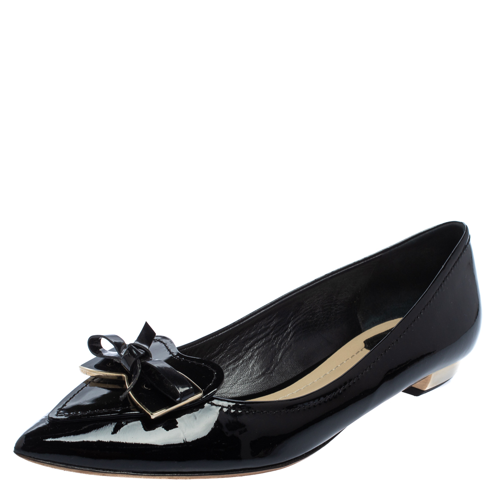 Dior Black Patent Leather Heart Bow Embellished Pointed Toe Ballet Flats Size 41