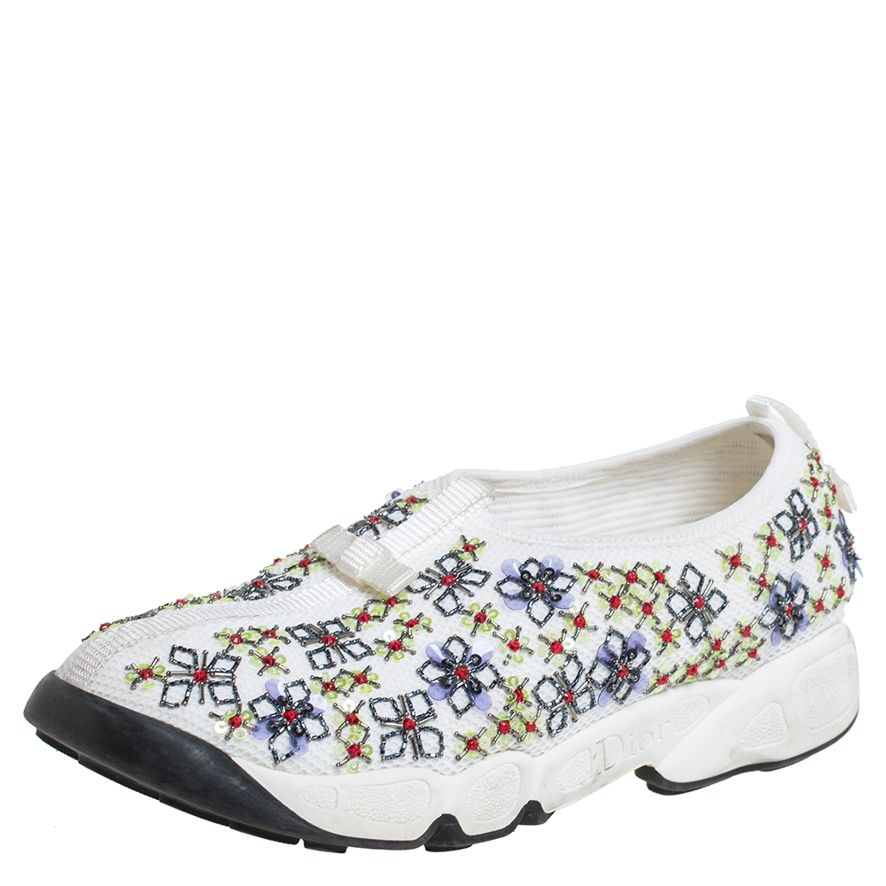 Dior White Mesh Embellished Fusion Slip On Sneakers Size 38.5