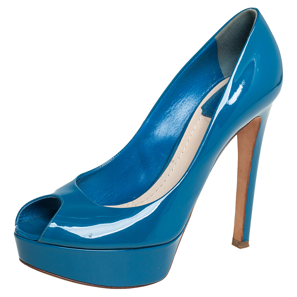 Dior Blue Patent Leather Miss Dior Peep Toe Platform Pumps Size 37.5