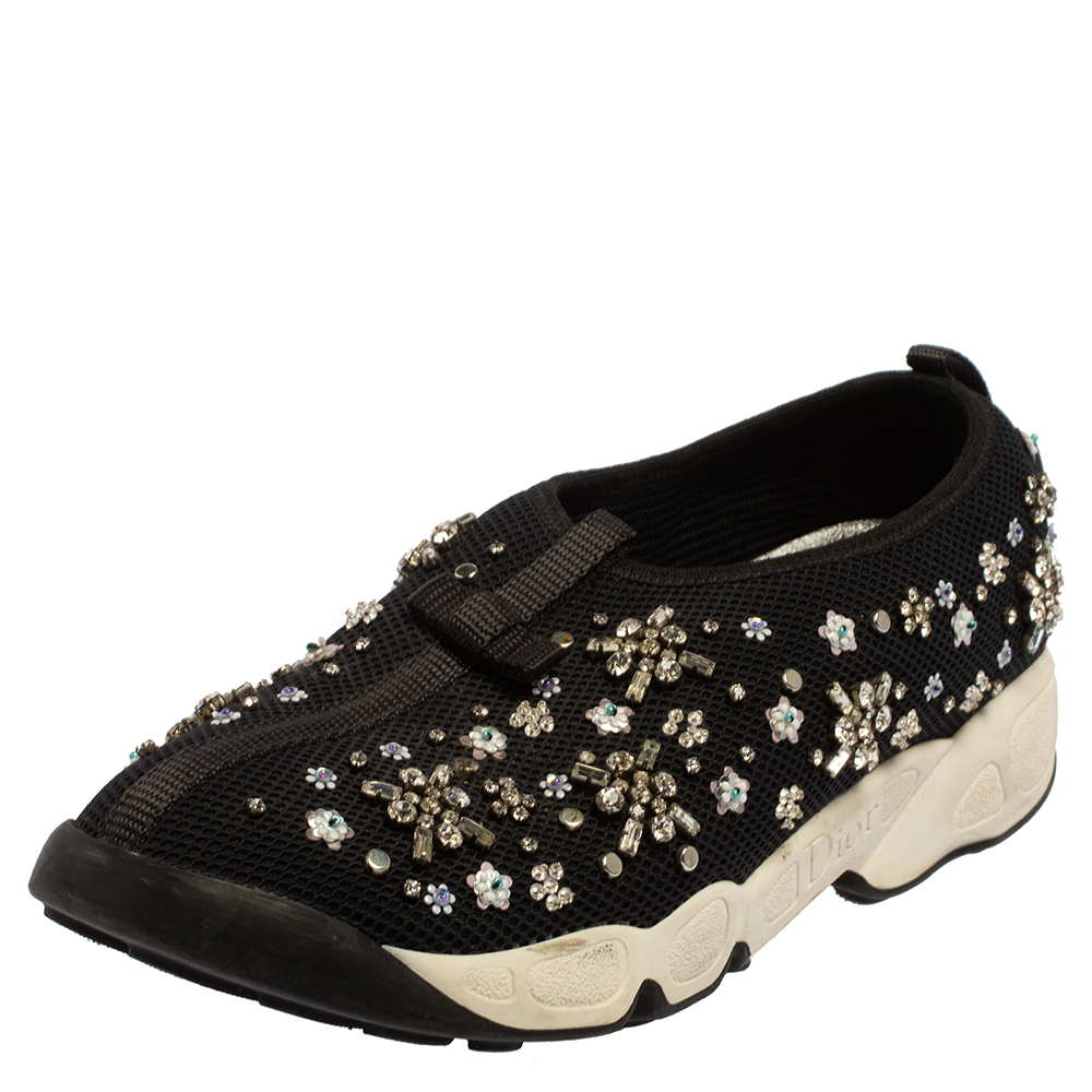 Dior Black Mesh Fusion Floral Embellished Slip On Sneakers Size 39