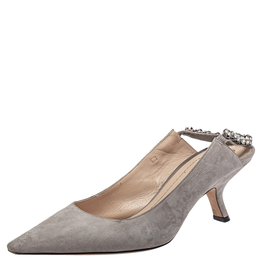 Dior Grey Suede Crystal Embellished Pointed Toe Slingback Sandals Size 38.5