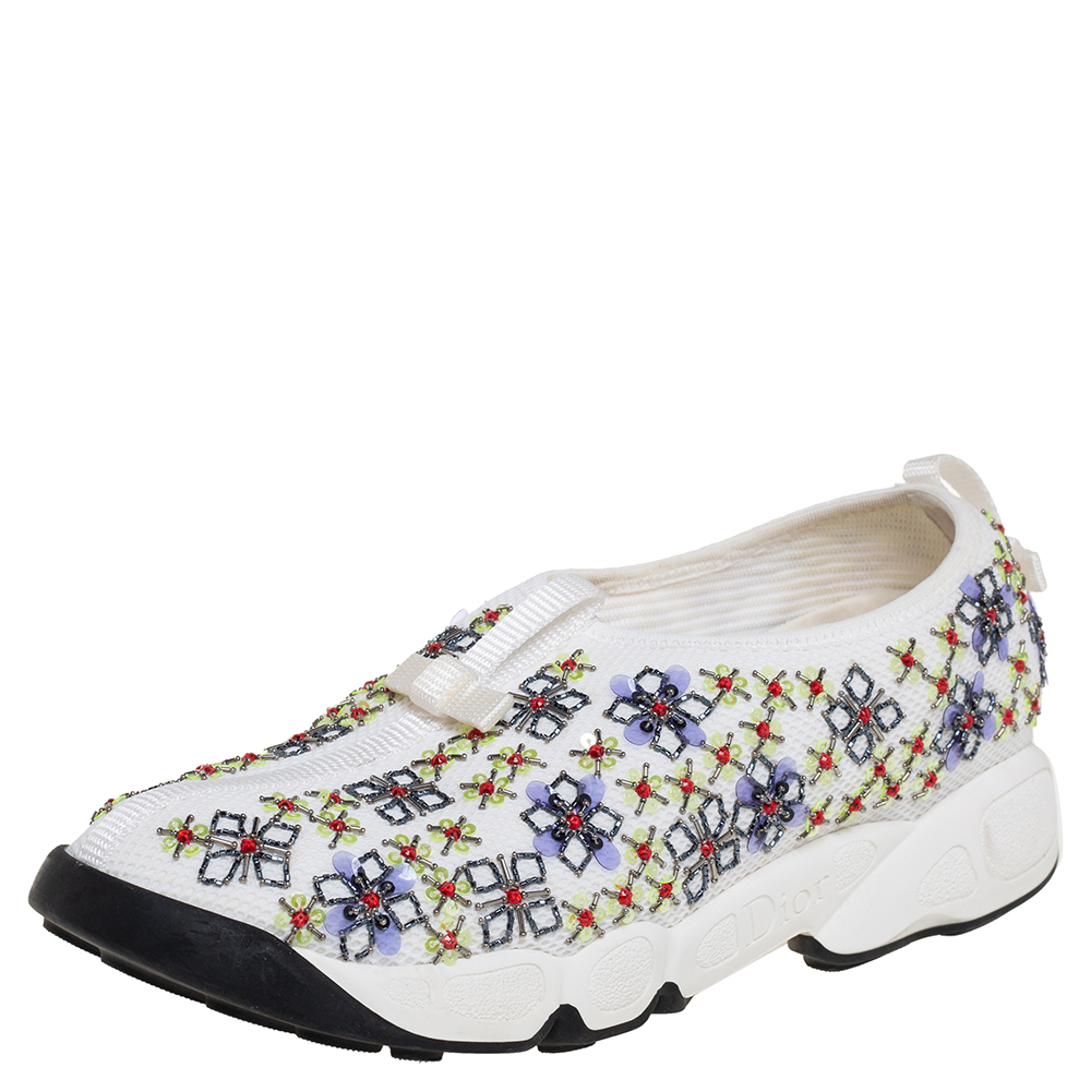 Dior White Mesh Embellished Fusion Slip On Sneakers Size 38