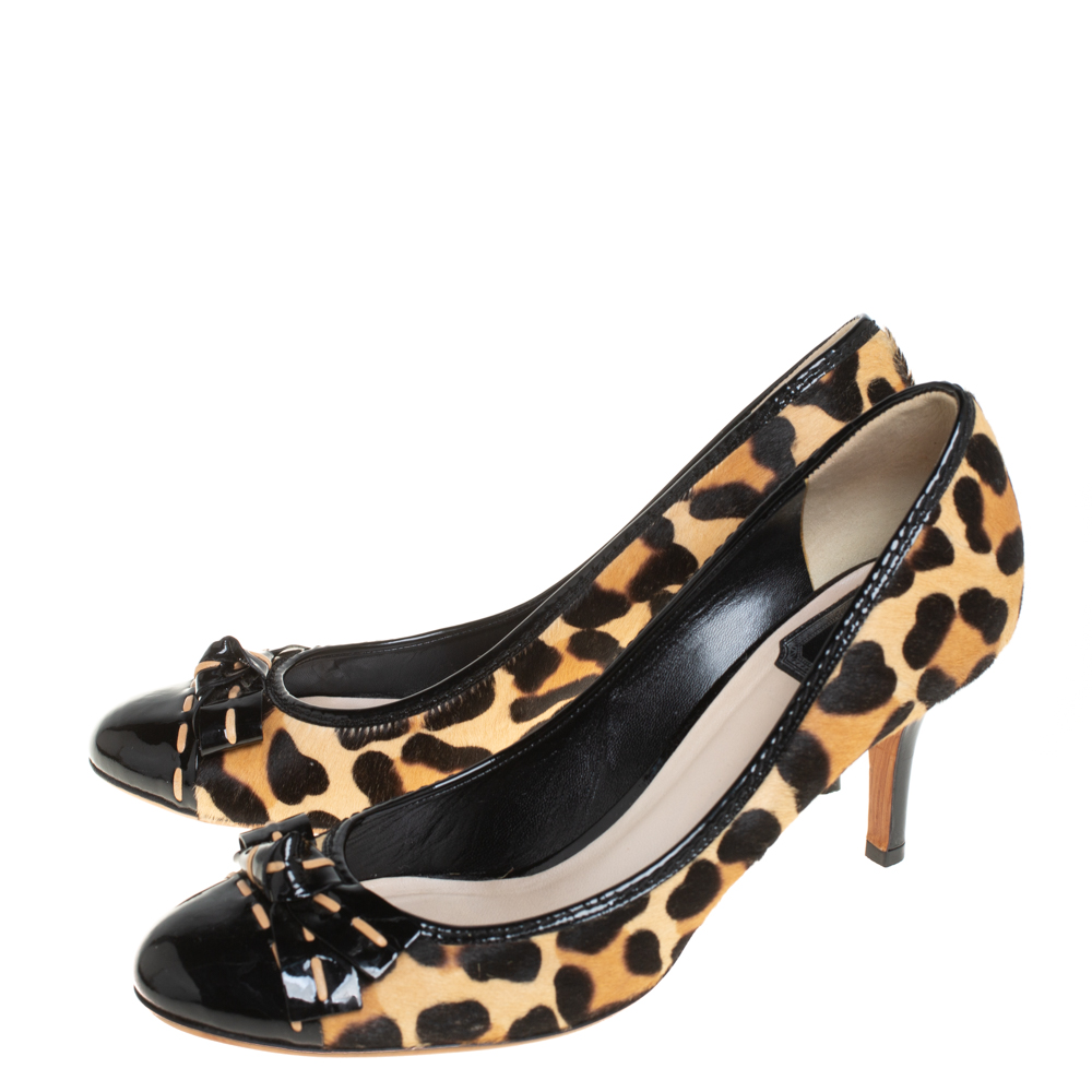 Dior Beige/Black Leopard Print Pony Hair And Patent Leather Bow Pumps Size 39.5