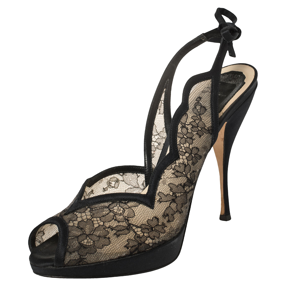 Dior Black Lace And Satin Ankle Tie Slingback Platform Sandals Size 40