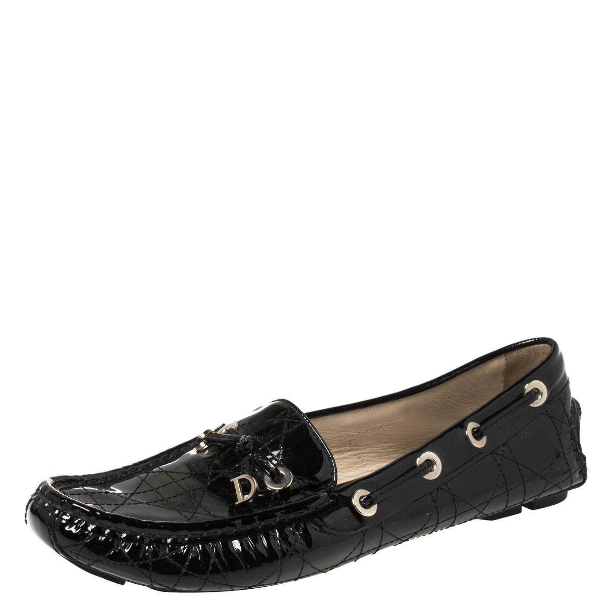 Dior Black Cannage Patent Leather Bow Loafers Size 38