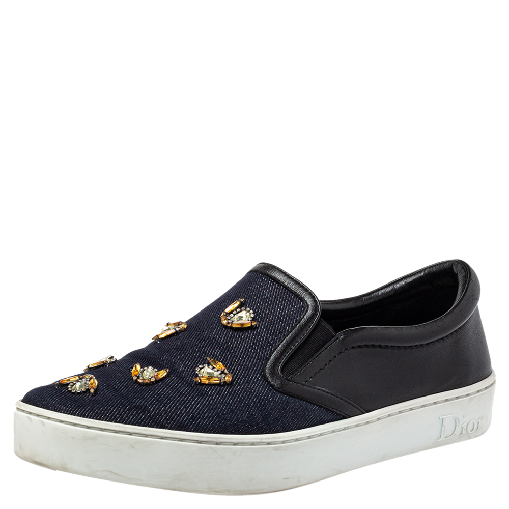 Dior Blue/Black Canvas And Leather Bee Embellishment Sneakers Size 38.5
