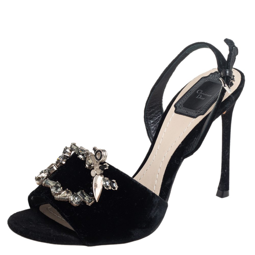 Dior Black Velvet Tresor Crystal Embellished Open Toe Slingback Sandals Size 37.5