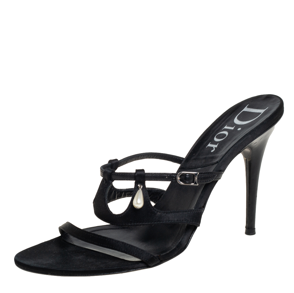 Dior Black Satin Embellished Strap Sandals Size 39.5