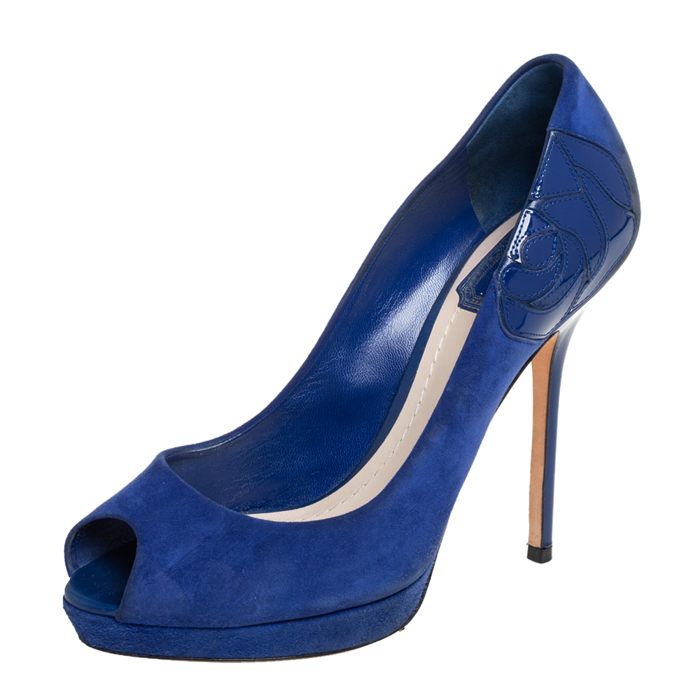Dior Royal Blue Suede And Patent Leather Floral Detailed Peep Toe Pumps Size 37