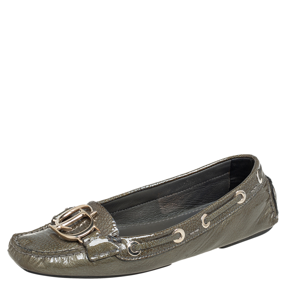 Dior Grey Patent Leather Logo Embellished Slip On Loafers Size 36.5