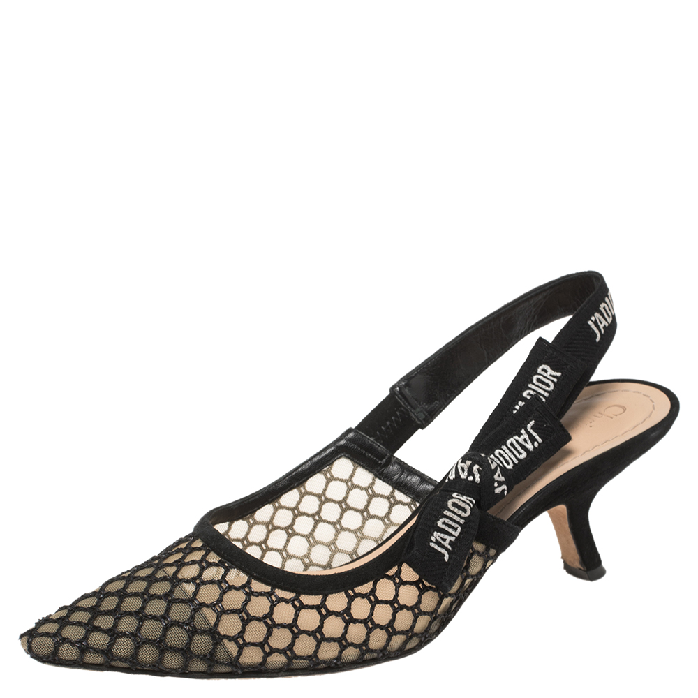 Dior Black Mesh Embroidered Ribbon J'Adior Slingback Sandals Size 37.5