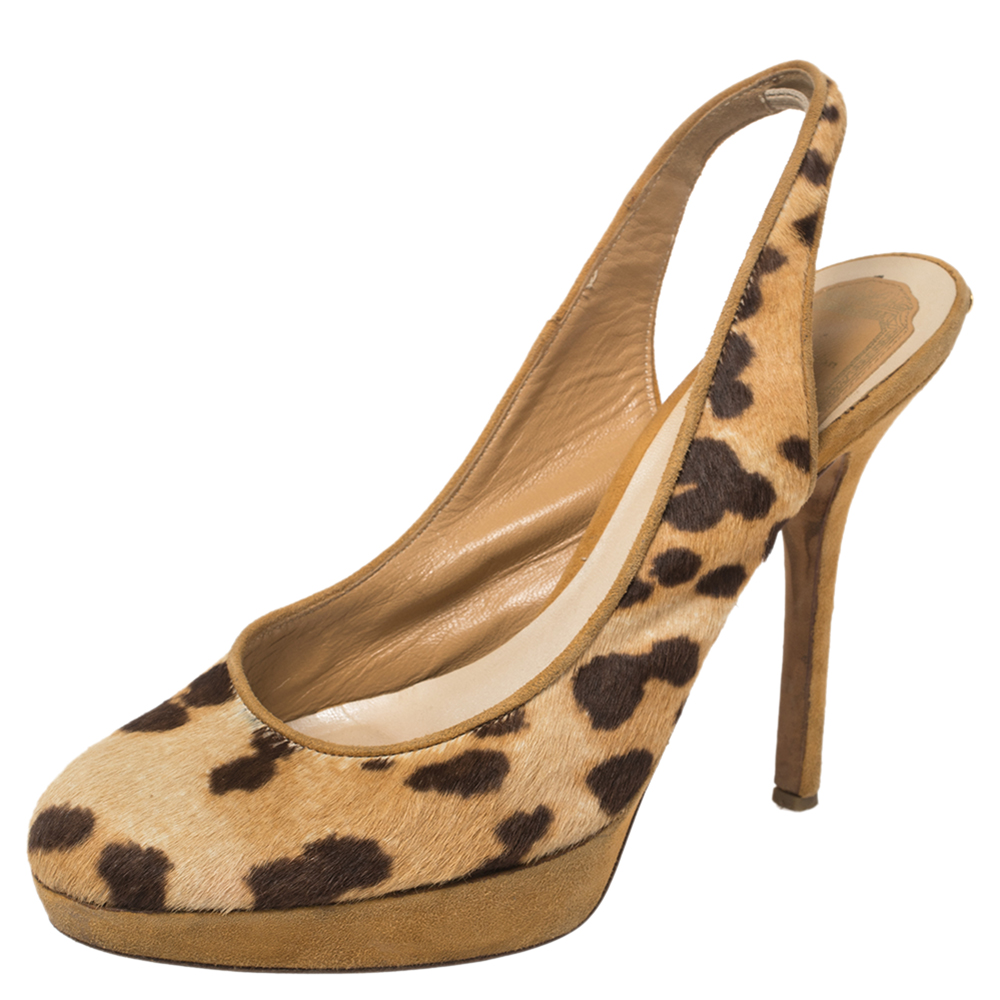 Dior Brown/Beige Leopard Print Pony Hair And Suede Slingback Platform Sandals Size 37