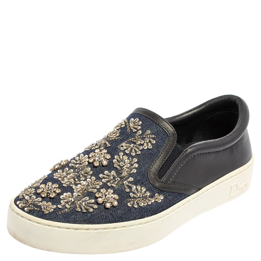 Dior Blue/Black Canvas And Leather Embroidered Slip On Sneakers Size 37.5