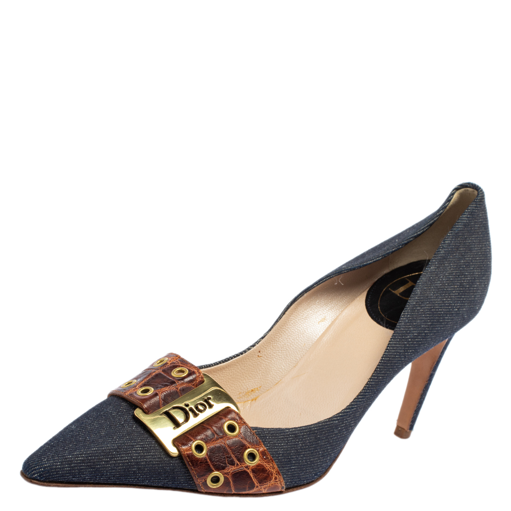 Dior Vintage Blue Denim And Crocodile Leather Buckle Detail Pointed Toe Pumps Size 37