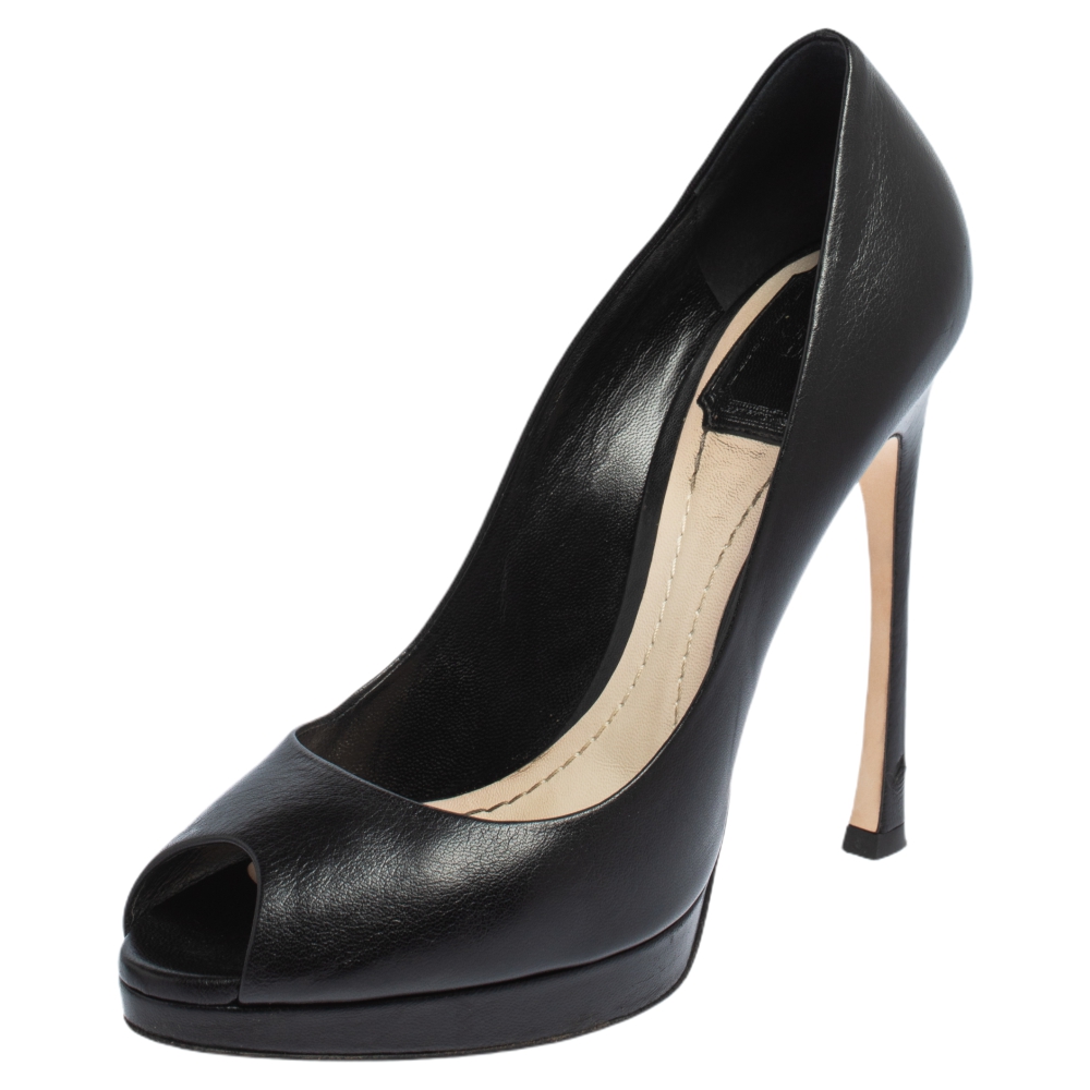 Christian Dior Black Leather Miss Dior Peep Toe Platform Pumps Size 38